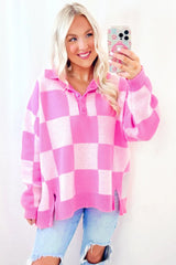 Pink Checkerboard Half Button Collared Drop Shoulder Sweater Sweaters JT's Designer Fashion