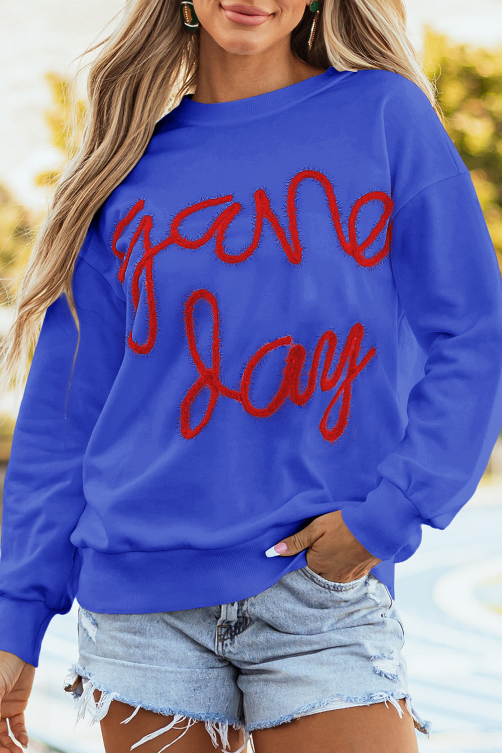 Dark Blue Tinsel Game Day Drop Shoulder Graphic Sweatshirt Sweatshirts & Hoodies JT's Designer Fashion