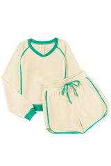 White Contrast Trim Colorblock Long Sleeve Pullover and Drawstring Shorts 2pcs Outfit Short Sets JT's Designer Fashion
