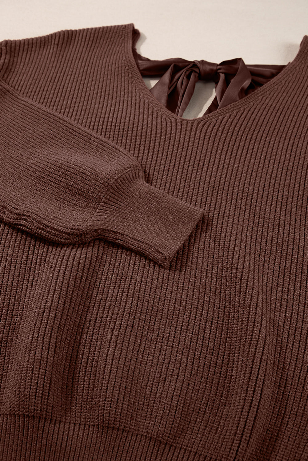 Coffee Lantern Sleeve V Neck Knot Back Sweater Sweaters JT's Designer Fashion