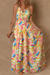 Orange Abstract Print Spaghetti Strap Piping Detail Long Dres Maxi Dresses JT's Designer Fashion