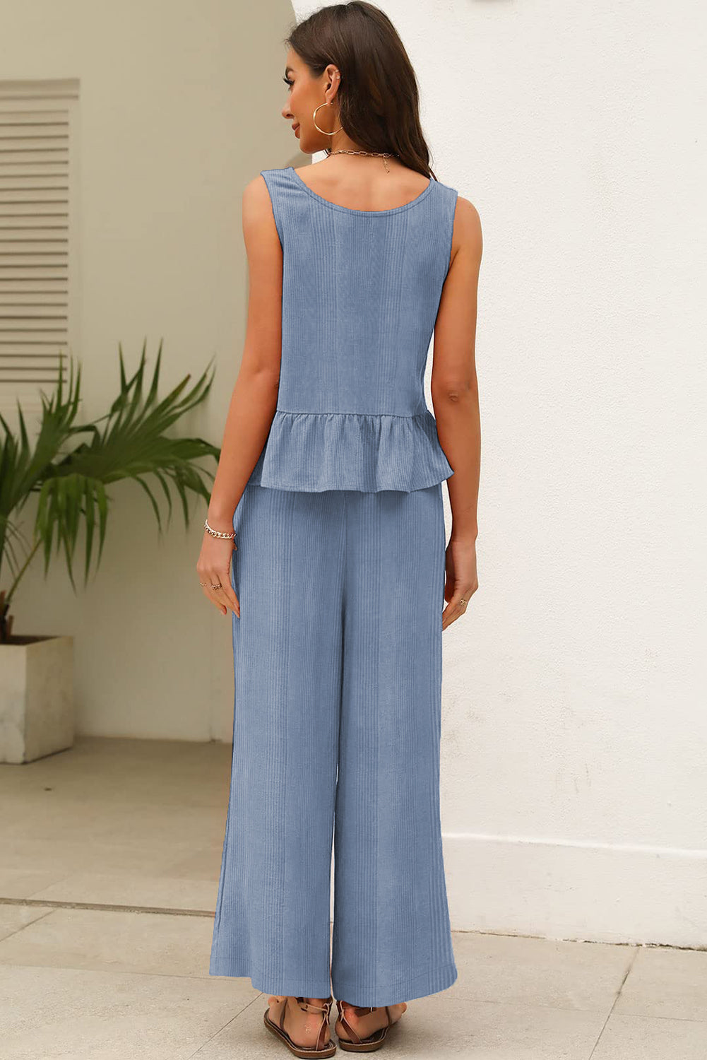 Beau Blue Solid Color Ribbed Ruffle Tank Top and Pants Set Pant Sets JT's Designer Fashion