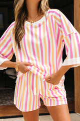 Pink Stripe Drop Shoulder Half Sleeve Loose Tee and Shorts Casual Set Short Sets JT's Designer Fashion