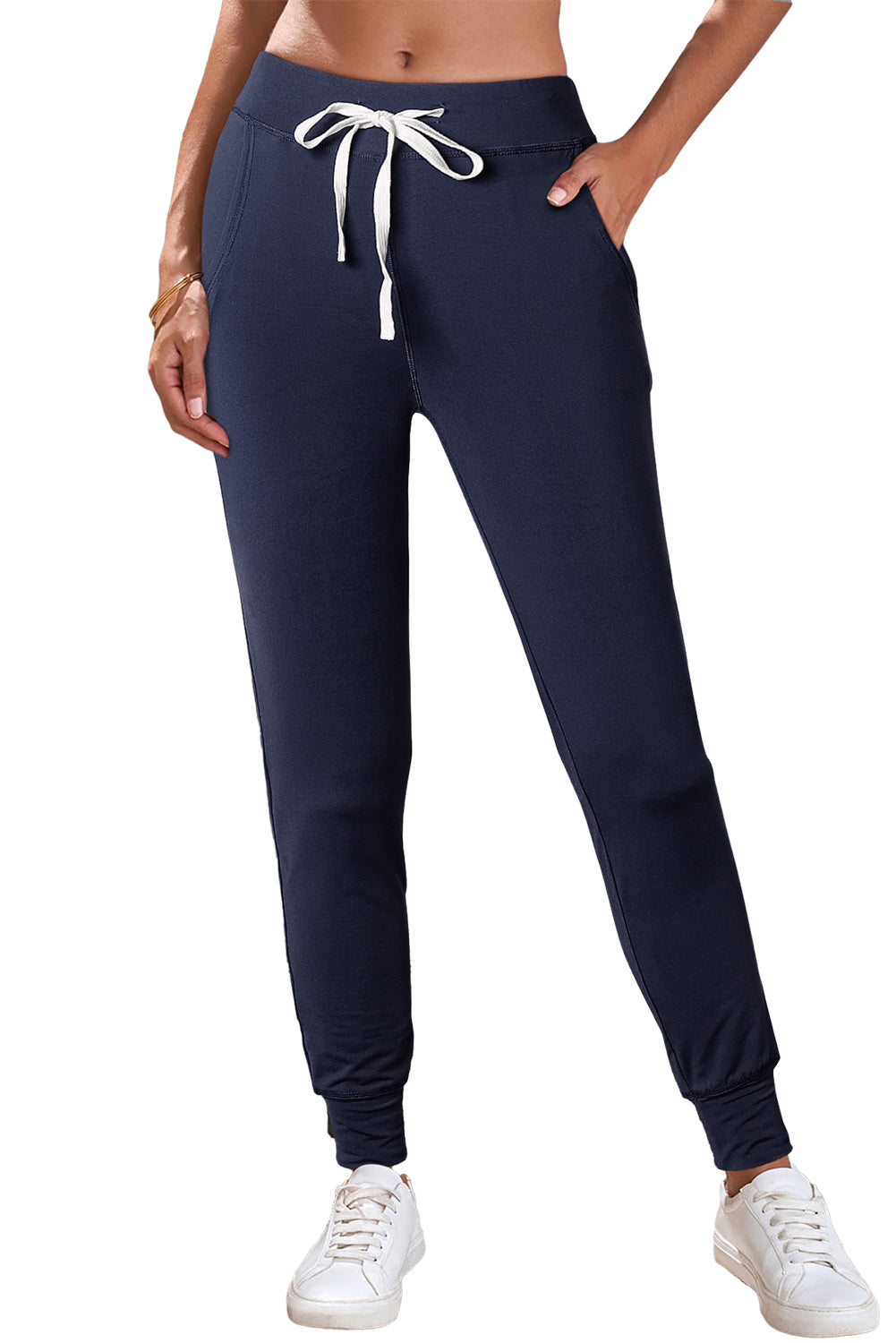 Navy Blue Drawstring Waist Pocketed Joggers Pants & Culotte JT's Designer Fashion