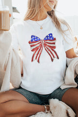 White USA Flag Bow Knot Patched Crew Neck T Shirt Graphic Tees JT's Designer Fashion