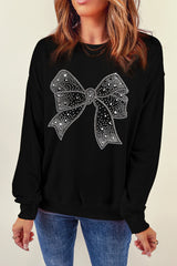 Black Rhinestone Bowknot Graphic Crewneck Pullover Sweatshirt Graphic Sweatshirts JT's Designer Fashion