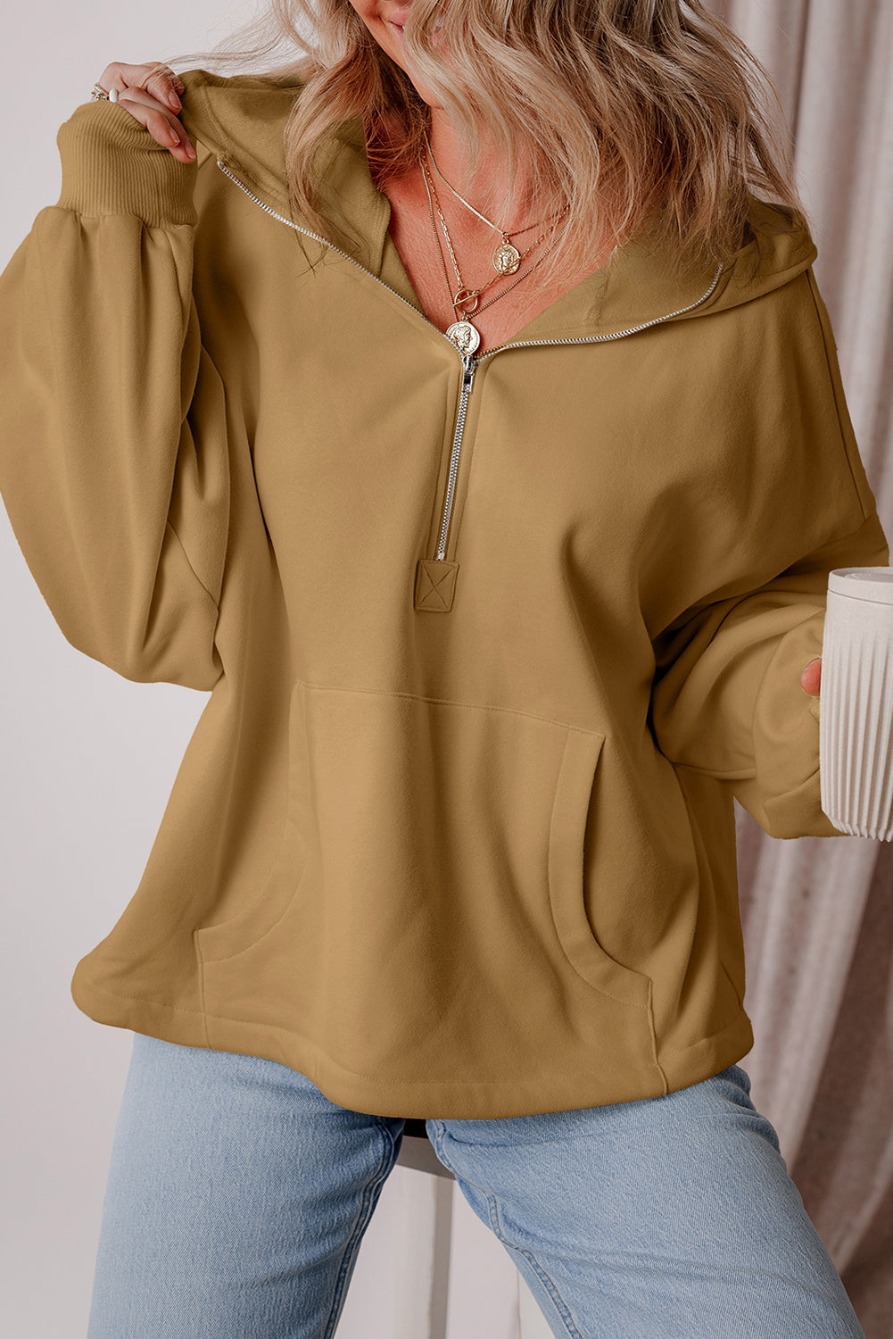Brown Fleece Lined Half Zipper Kangaroo Pockets Loose Hoodie Sweatshirts & Hoodies JT's Designer Fashion