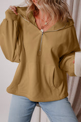 Brown Fleece Lined Half Zipper Kangaroo Pockets Loose Hoodie Sweatshirts & Hoodies JT's Designer Fashion