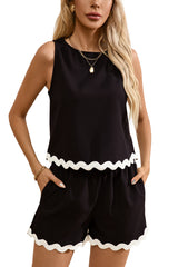 Black Ricrac Trim Tank Top Elastic Waist Shorts Set Short Sets JT's Designer Fashion