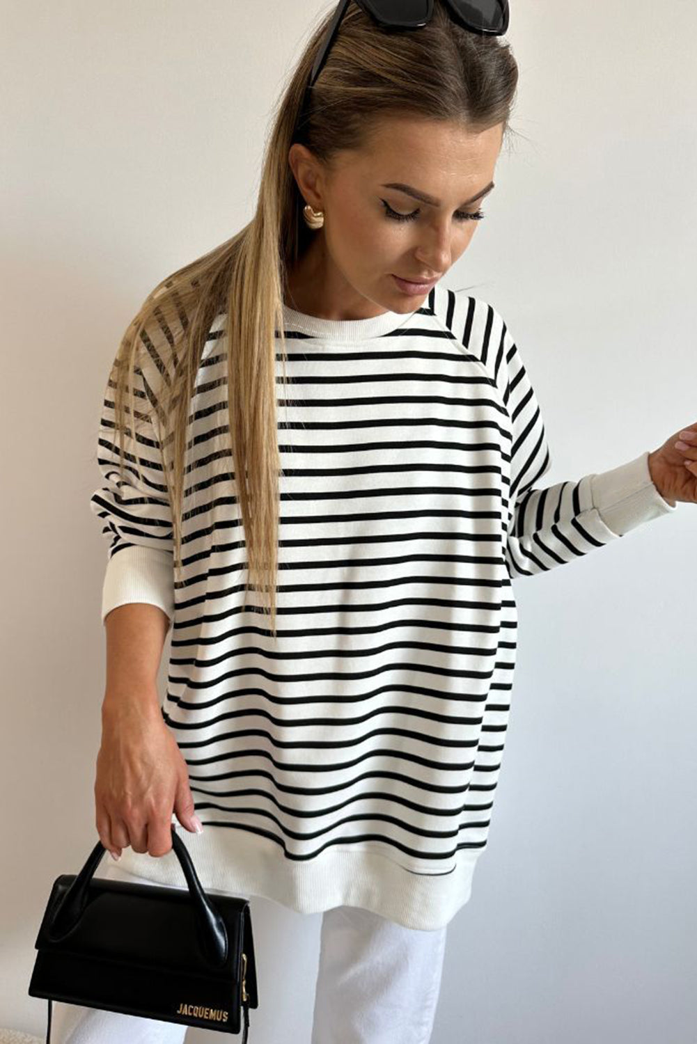 Black Stripe Raglan Sleeve Side Slits Loose Sweatshirt Sweatshirts & Hoodies JT's Designer Fashion