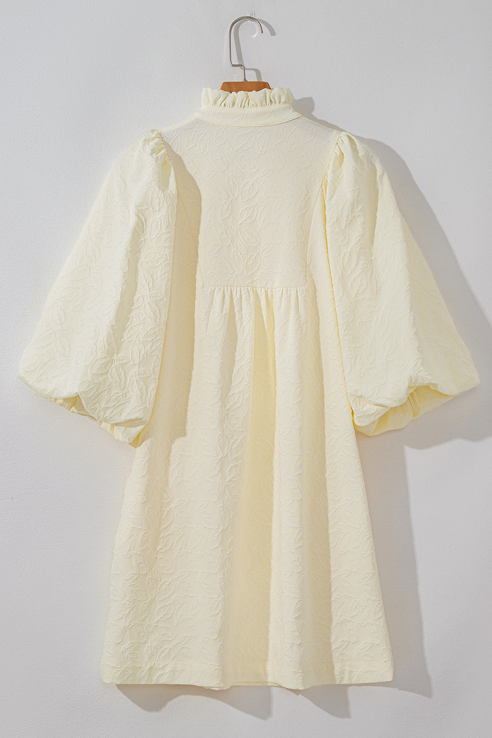 White Floral Textured Bubble Sleeve Frilled Notched Neck Dress Mini Dresses JT's Designer Fashion