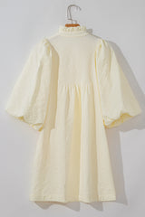 White Floral Textured Bubble Sleeve Frilled Notched Neck Dress Mini Dresses JT's Designer Fashion