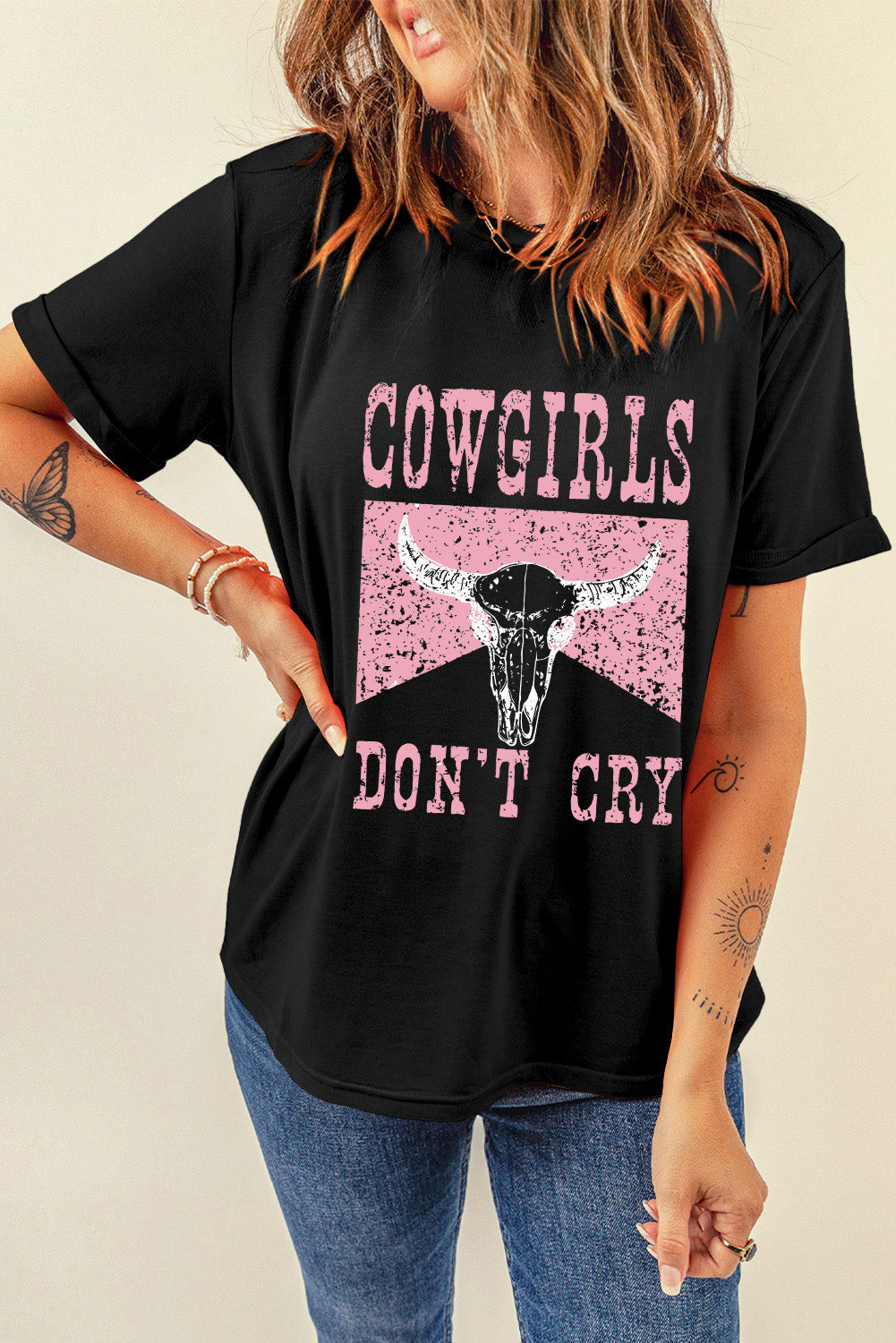 Black COWGIRL DONT CRY Steer Head Print Short Sleeve Top Graphic Tees JT's Designer Fashion