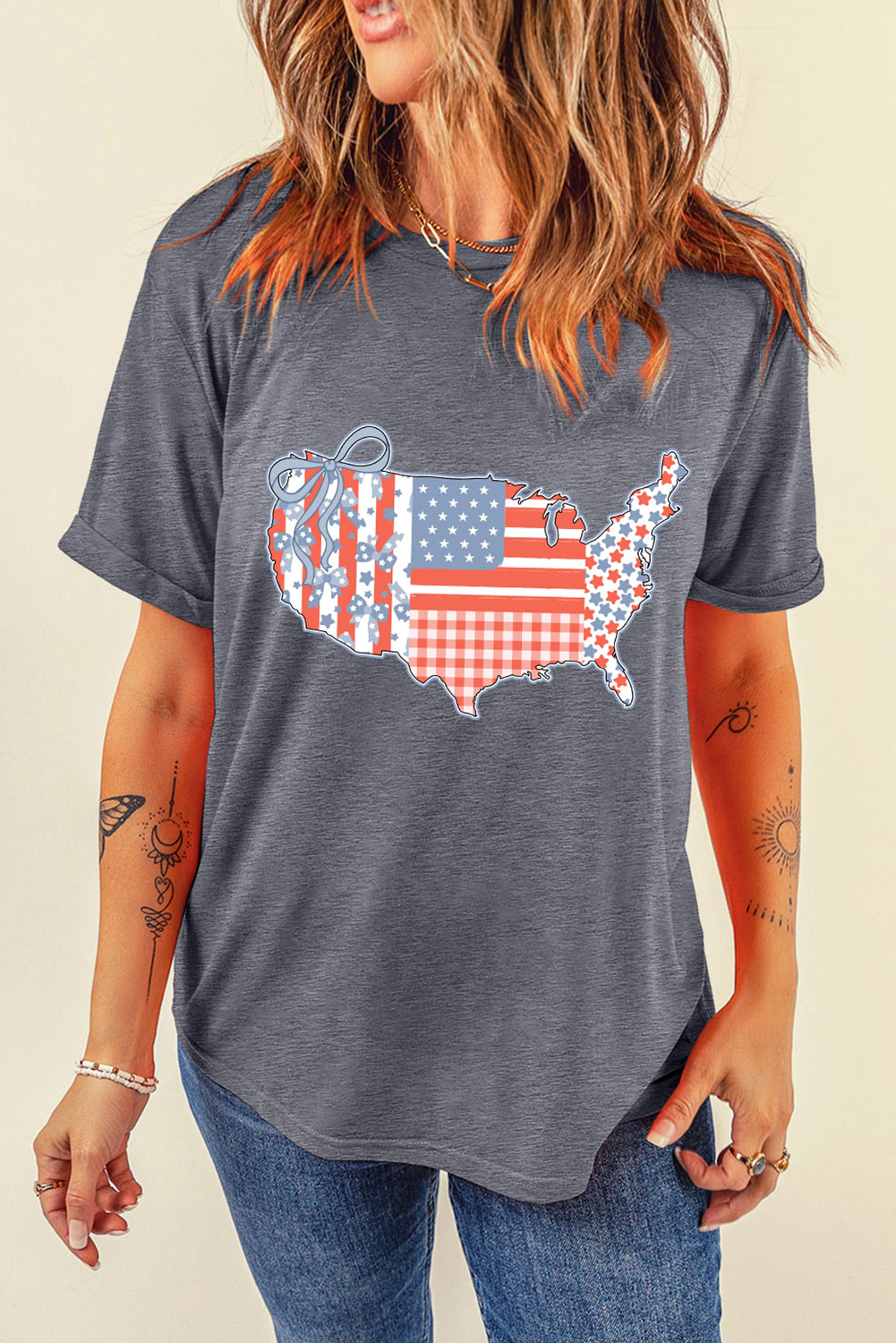 Gray American Flag Bow Map Graphic Tee Graphic Tees JT's Designer Fashion