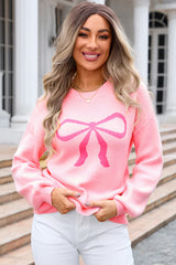 Pink Bow Graphic Drop Shoulder Round Neck Sweater Sweaters JT's Designer Fashion