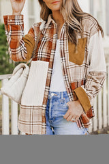 Orange Plaid Color Block Patchwork Shirt Jacket with Pocket Plaid Shackets JT's Designer Fashion