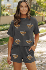Carbon Grey Sequin Heifer Patched 2pcs Twisted Ribbed Casual Short Set Graphic Sets JT's Designer Fashion