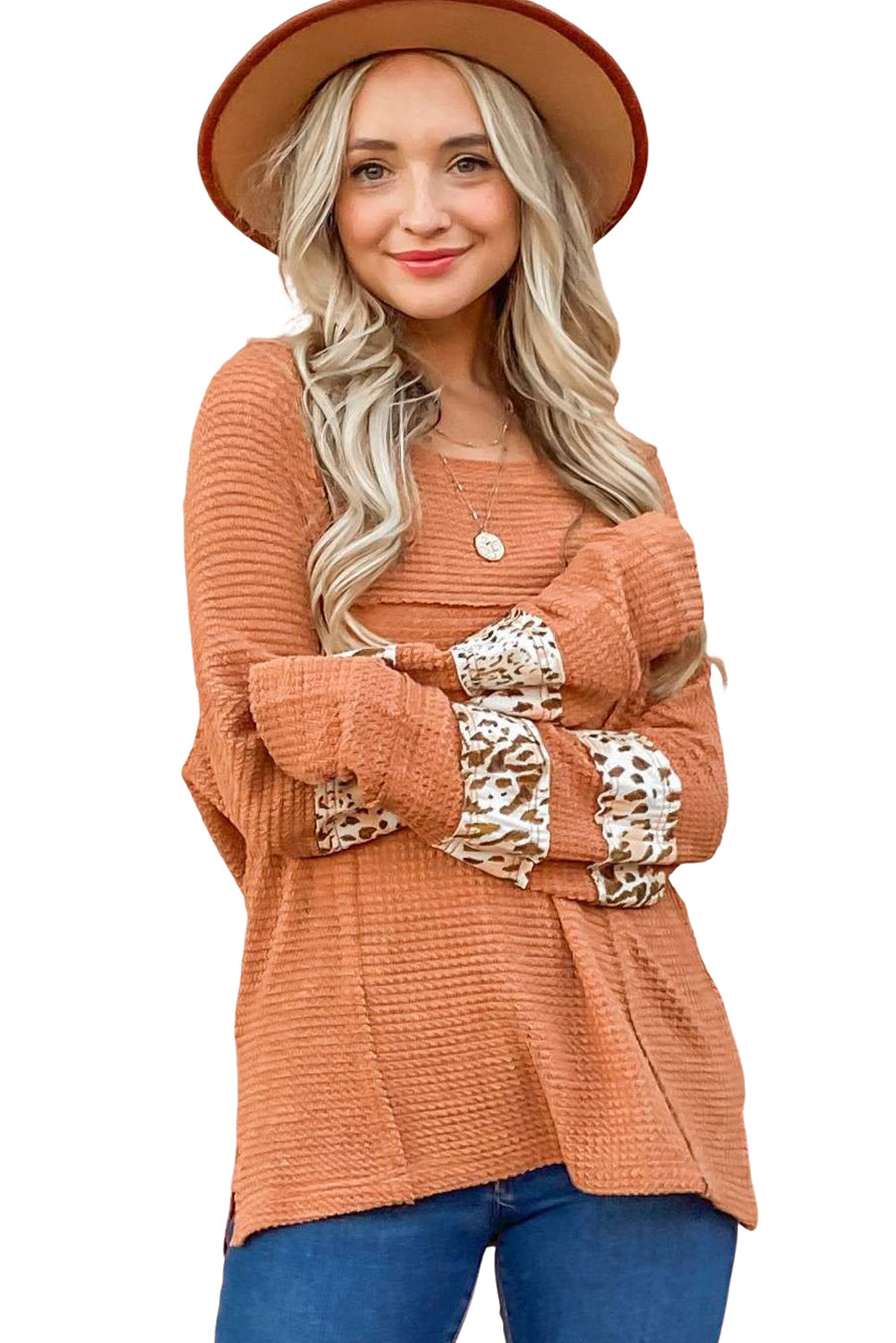 Apricot Leopard Splicing Exposed Seam Waffle Knit Top Long Sleeve Tops JT's Designer Fashion