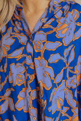 Blue Floral Print Batwing Sleeve Buttoned Loose Fit Shirt Blouses & Shirts JT's Designer Fashion