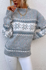 Gray Retro Snowflake Pattern Mock Neck Fuzzy Sweater Gray Sweaters JT's Designer Fashion