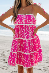 Pink Floral Print Ric Rac Patched Sleeveless Mini Dress Floral Dresses JT's Designer Fashion