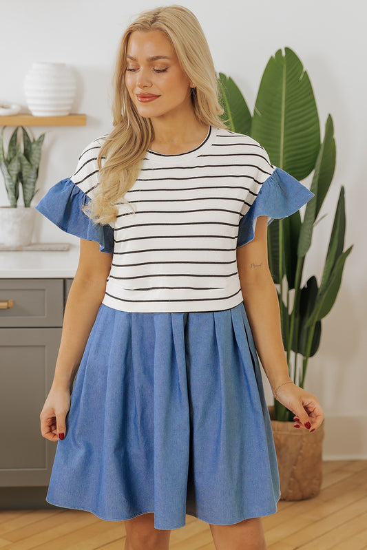 Black Stripe Ruffle Denim Patchwork Round Neck Mini Dress Mini Dresses JT's Designer Fashion