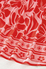 Red Boho Floral Short Sleeve V Neck Buttoned Shirred Waist Long Dress Floral Dresses JT's Designer Fashion