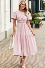 Pink Puff Sleeve Pleated High Waist Flowy Long Dress Maxi Dresses JT's Designer Fashion