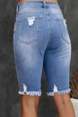 Sky Blue Ripped Tassel Bermuda Denim Shorts Denim Shorts JT's Designer Fashion