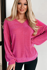 Rose Red Textured Long Sleeve V Neck Top Long Sleeve Tops JT's Designer Fashion