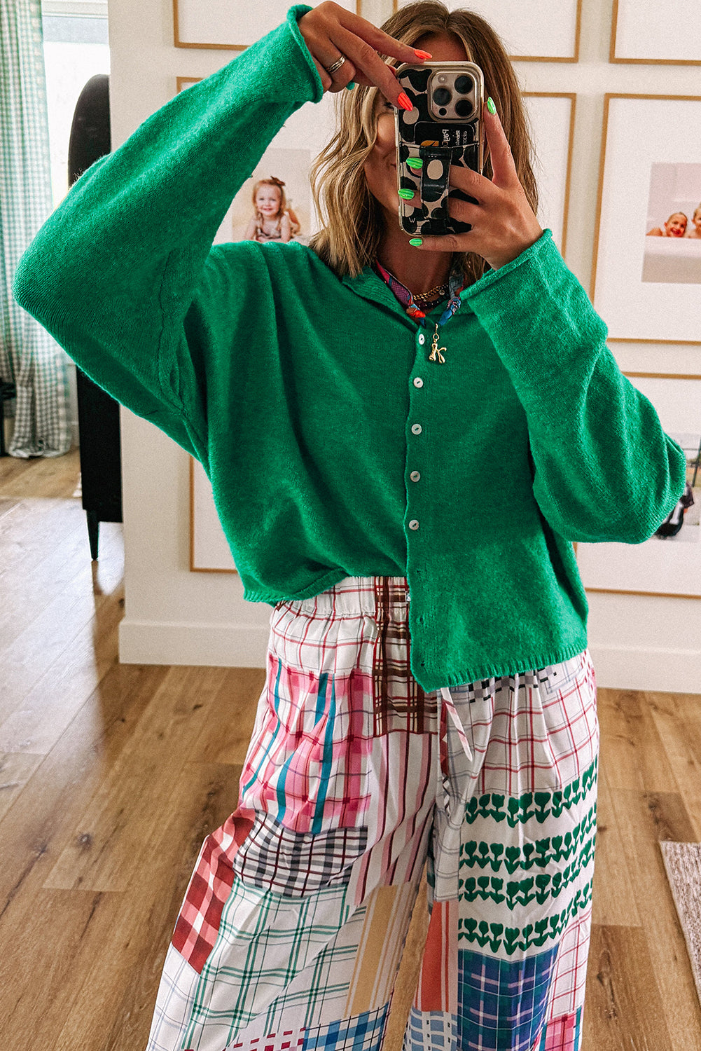 Bright Green Solid Color Knit Button Drop Shoulder Sweater Cardigan Cardigans JT's Designer Fashion