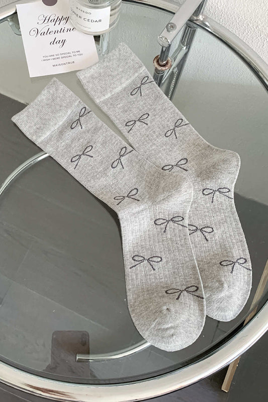 Gray Bow Knot Print Ribbed Crew Socks Socks JT's Designer Fashion