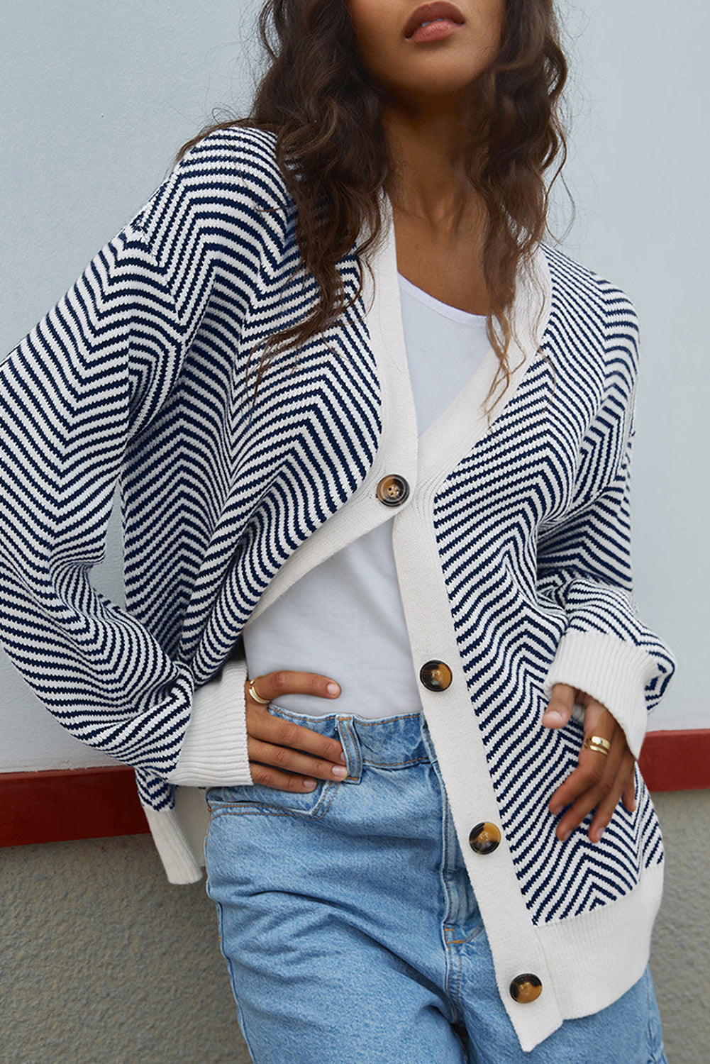 Blue Stripe Buttoned Front V Neck Herringbone Cardigan Cardigans JT's Designer Fashion