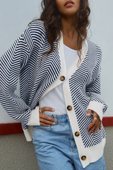 Blue Stripe Buttoned Front V Neck Herringbone Cardigan Cardigans JT's Designer Fashion