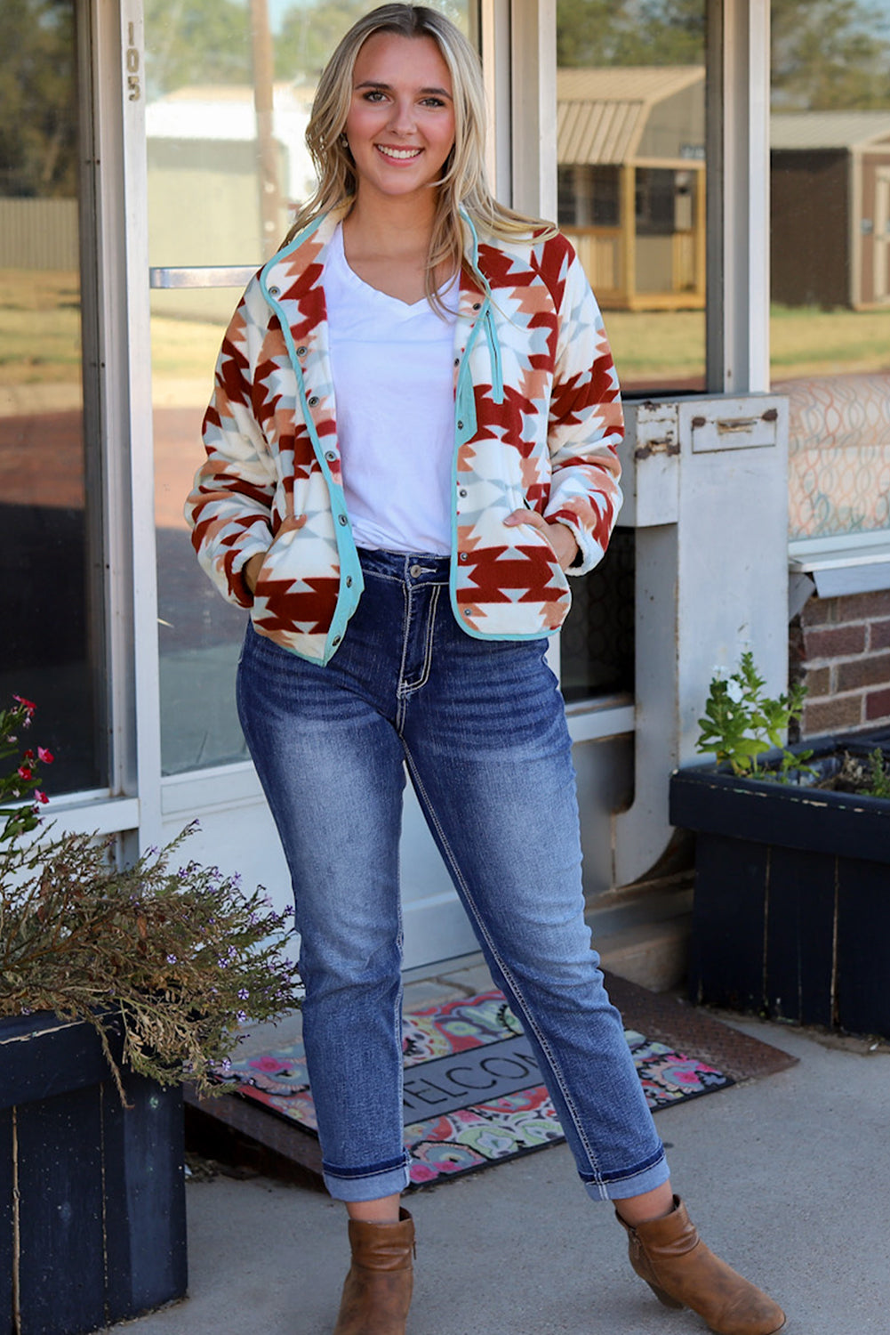 Fiery Red Western Aztec Buttoned Zipper Pockets Fleece Jacket Jackets JT's Designer Fashion