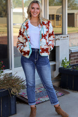 Fiery Red Western Aztec Buttoned Zipper Pockets Fleece Jacket Jackets JT's Designer Fashion