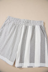 Gray Stripe Mixed Print Short Sleeve Top and Pocketed Shorts Set Short Sets JT's Designer Fashion