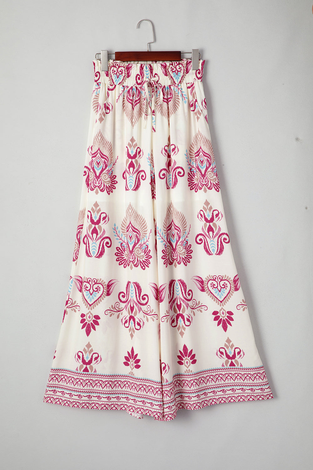 Rose Boho Printed Shirred High Waist Flowy Wide Leg Pants Pants & Culotte JT's Designer Fashion