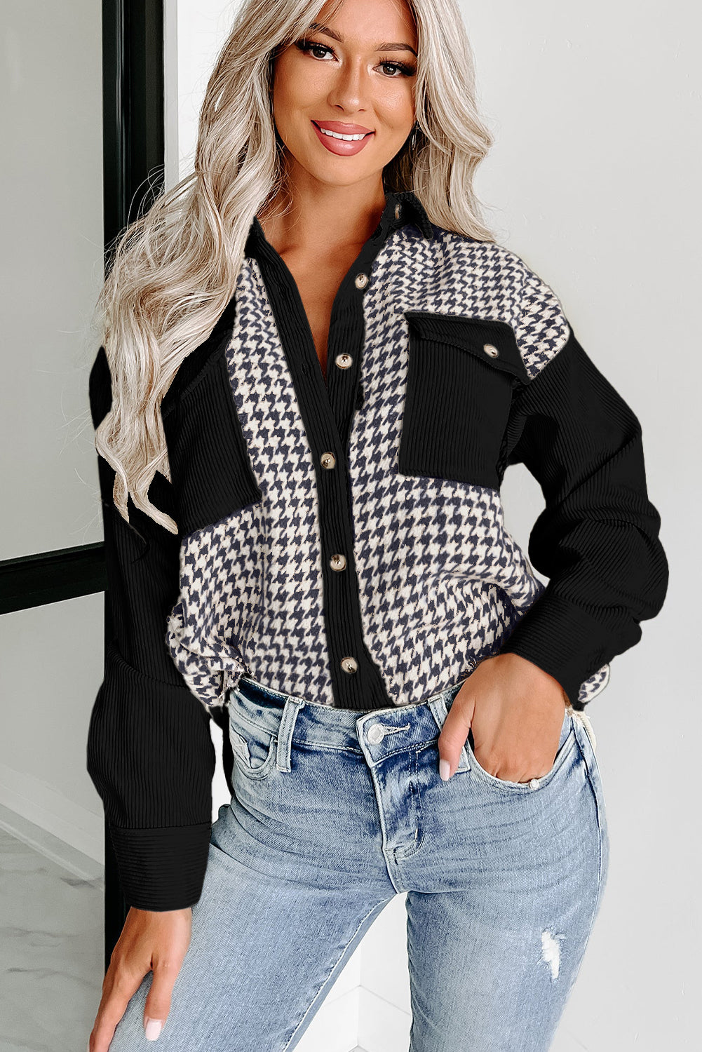 Black Houndstooth Corduroy Patchwork Flap Pocket Shacket Jackets JT's Designer Fashion