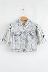 Beau Blue Light Wash Buttoned Chest Pocket Puff Sleeve Denim Jacket Denim Jackets JT's Designer Fashion
