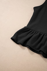 Black Solid Color Ribbed Ruffle Tank Top and Pants Set Pant Sets JT's Designer Fashion
