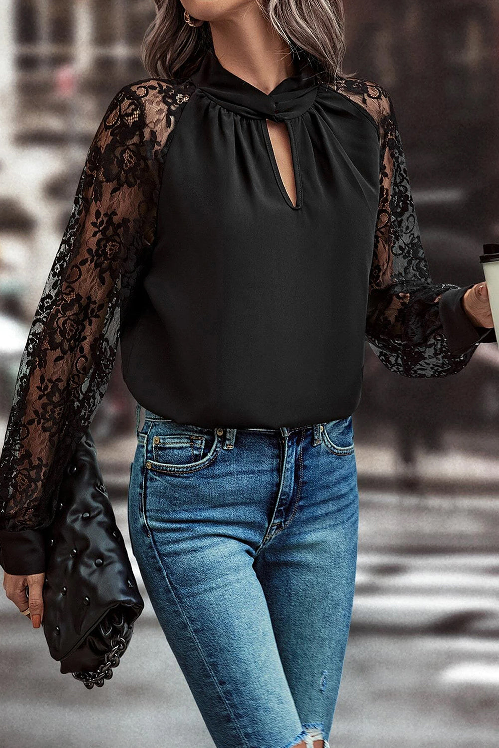 Black Keyhole Neckline Floral Lace Raglan Sleeve Blouse Blouses & Shirts JT's Designer Fashion
