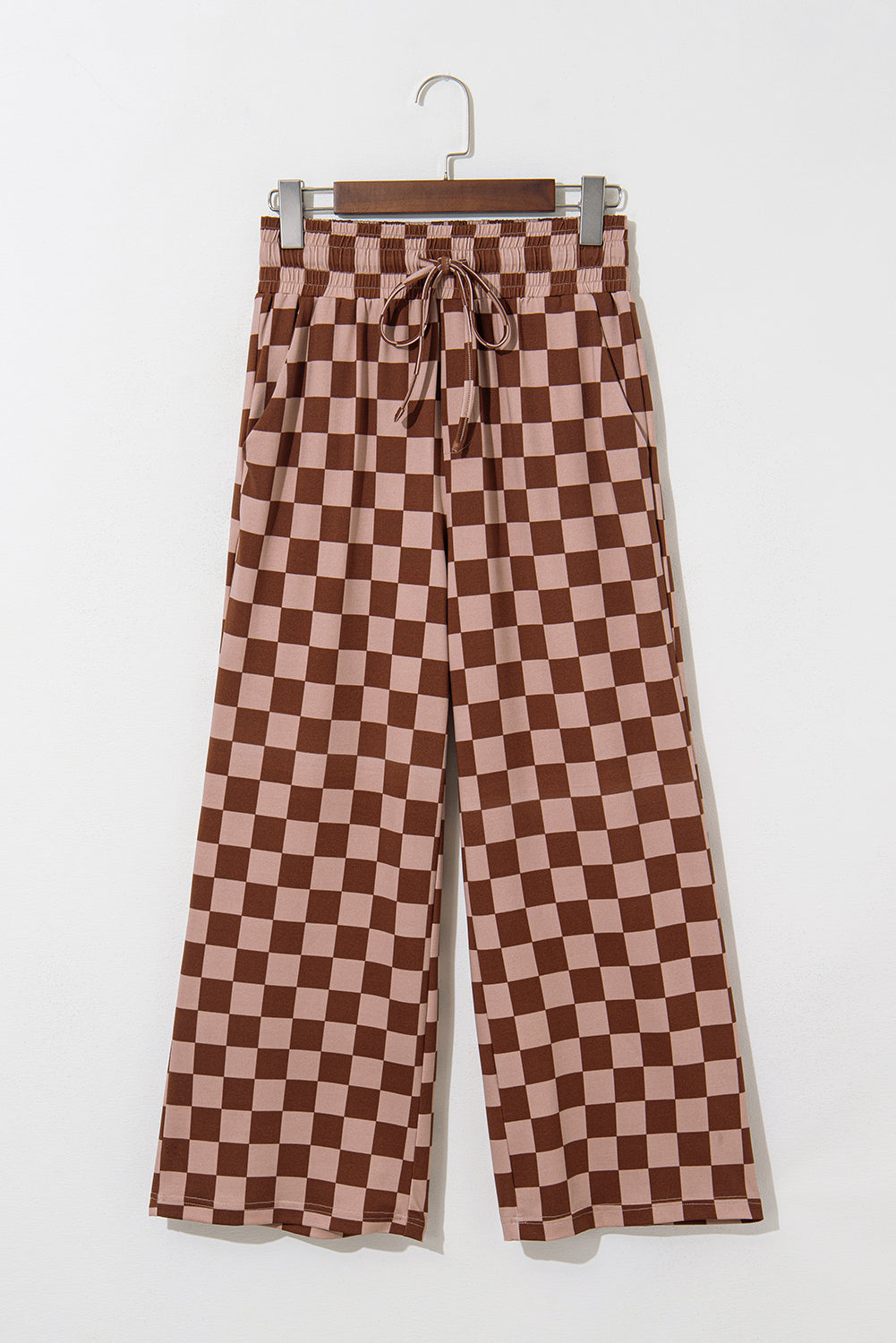 Khaki Checkered Elastic High Waist Loose Casual Pants Pants & Culotte JT's Designer Fashion
