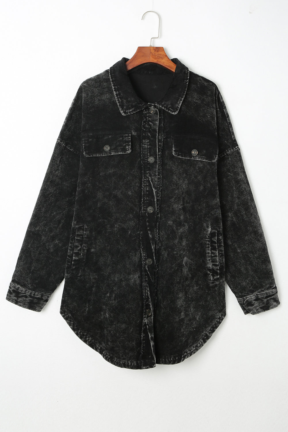 Black Vintage Distressed Mineral Wash Oversized Shacket Jackets JT's Designer Fashion