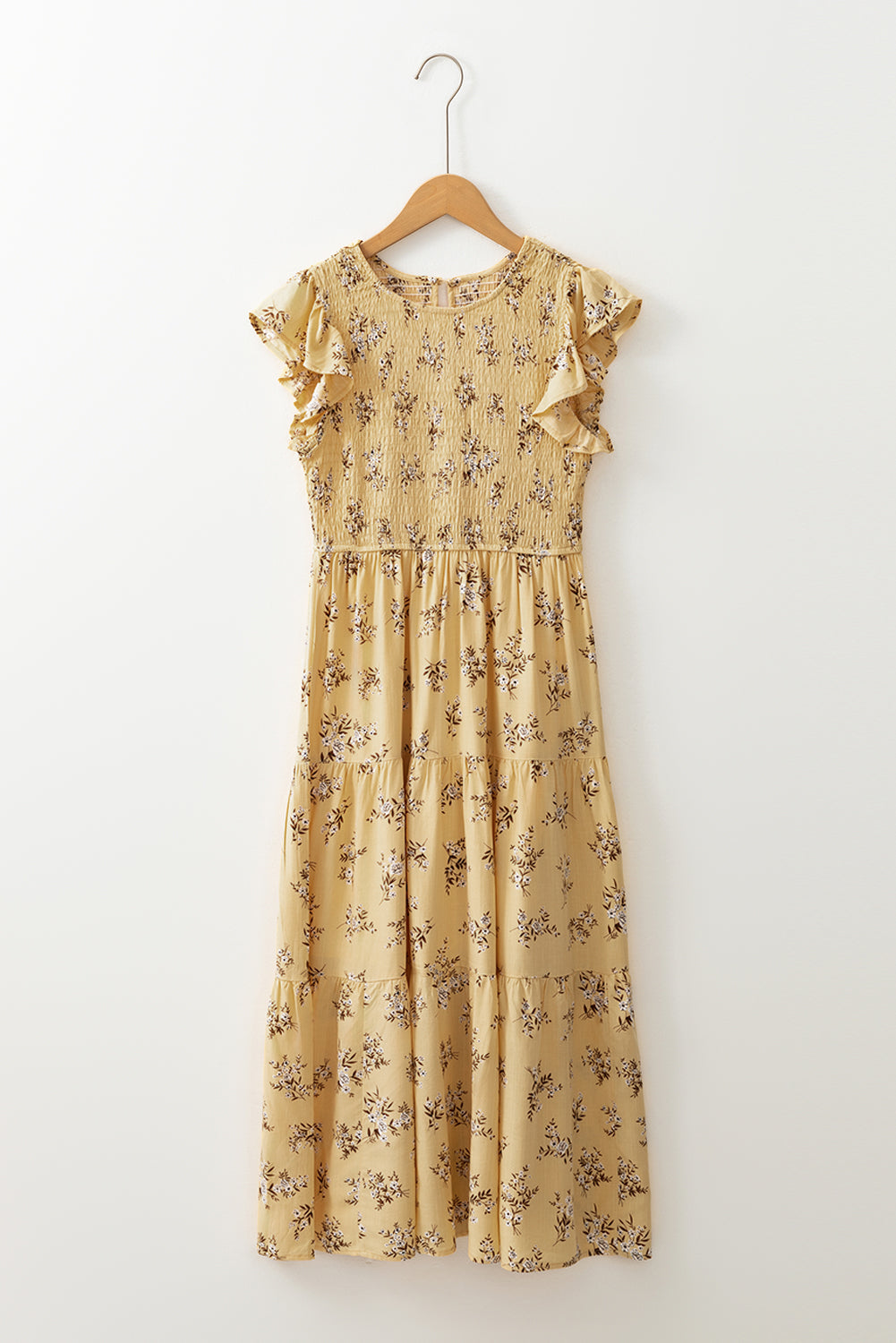 Yellow Boho Floral Print Ruffle Smocked Flowy Summer Dress Floral Dresses JT's Designer Fashion