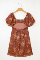 Red Floral Puff Sleeve Square Neck Knot Open Back Mini Dress Mini Dresses JT's Designer Fashion