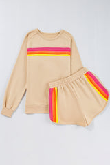 Apricot Striped Accent Pullover and Shorts Two Piece Casual Set Short Sets JT's Designer Fashion