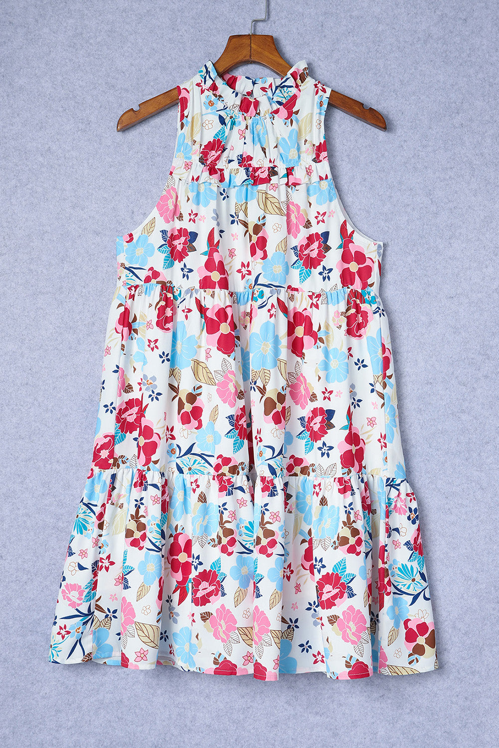 White Frill Mock Neck Sleeveless Tiered Floral Dress Floral Dresses JT's Designer Fashion