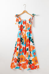 Orange Floral Self Tied Straps Smocked Bust Maxi Dress Floral Dresses JT's Designer Fashion