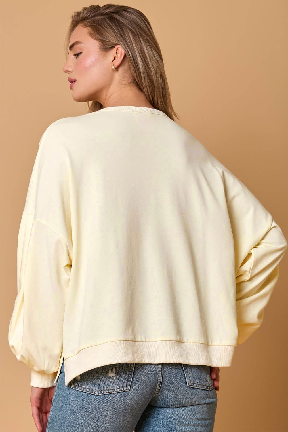 Beige Tinsel Flower Dropped Puff Sleeve Sweatshirt Sweatshirts & Hoodies JT's Designer Fashion